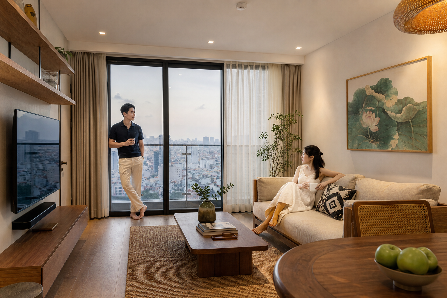 Phòng khách căn hộ view thành phố